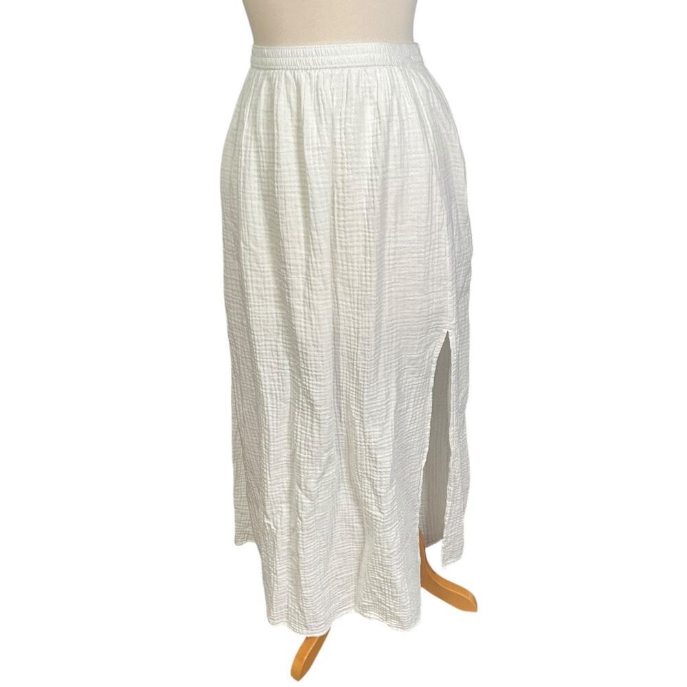 J.Crew Re-Imagined White Cotton Maxi Skirt M Side Slit Elastic Waist Lined Beach
